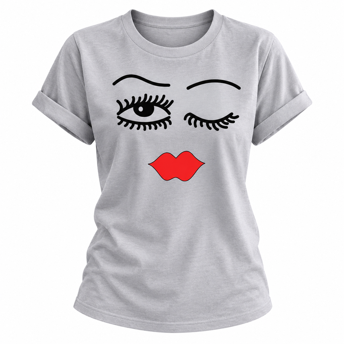 T-Shirt for Women – Cute Red Lips & Eyelashes Flirty Tee in Heather Gray