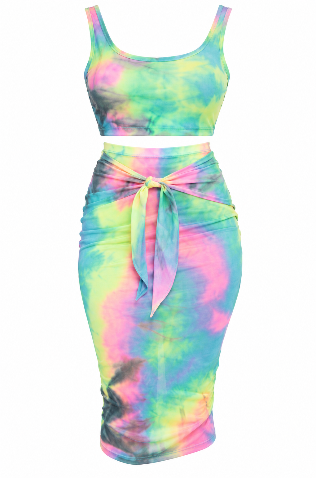 Pastel Tie-Dye Two-Piece Skirt Set | Ruched Midi Outfit