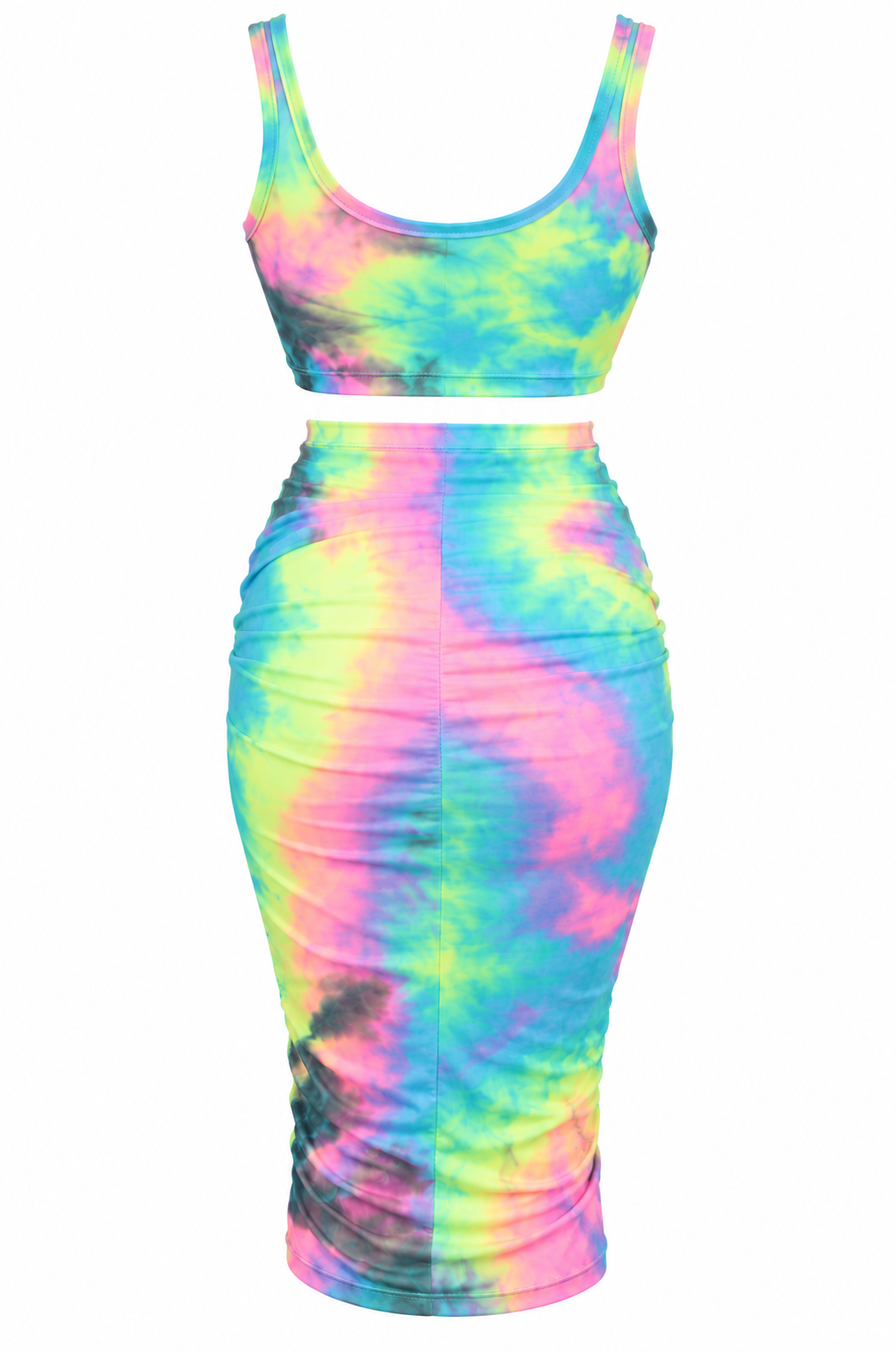 Pastel Tie-Dye Two-Piece Skirt Set | Ruched Midi Outfit1