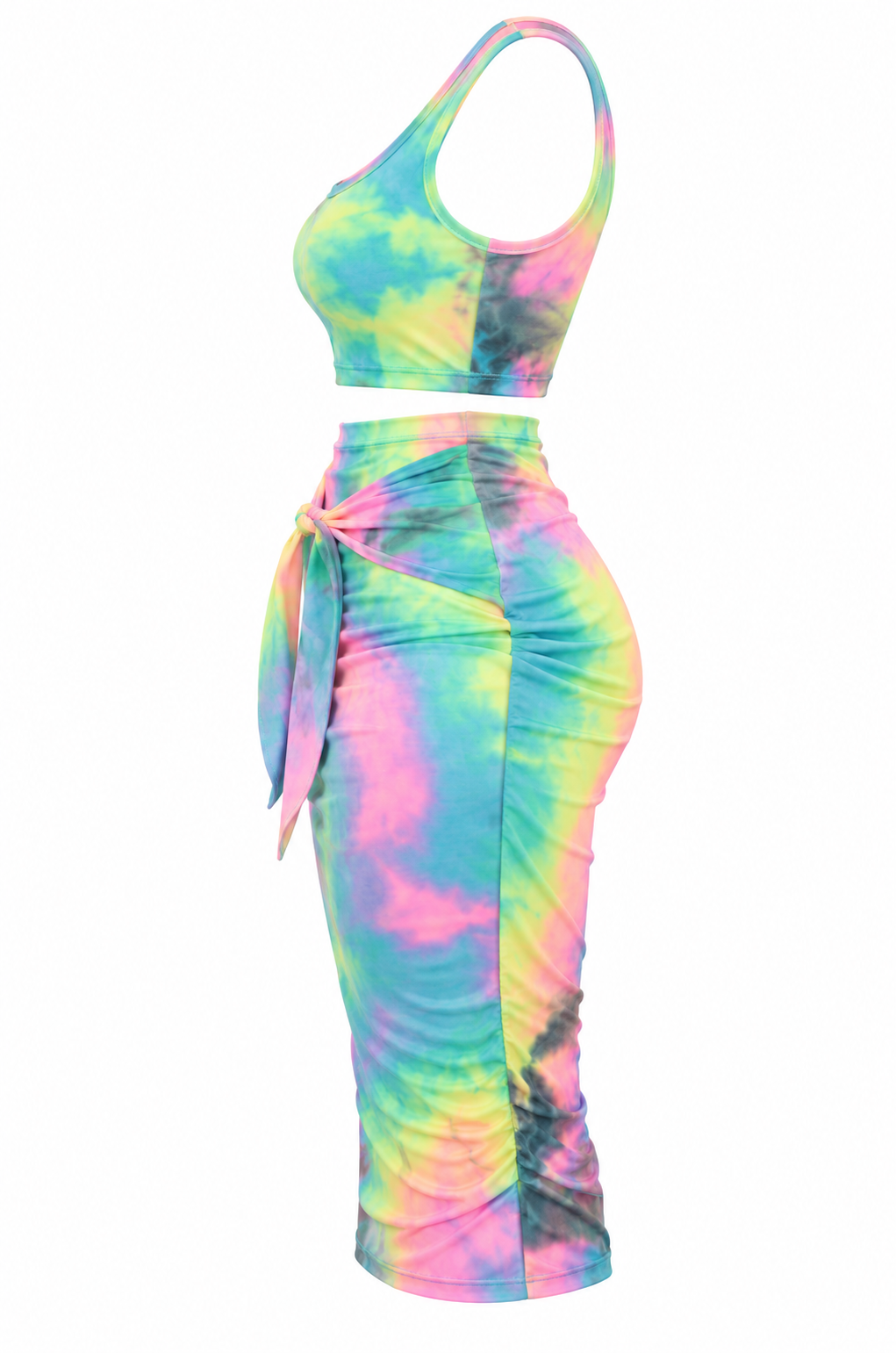 Pastel Tie-Dye Two-Piece Skirt Set | Ruched Midi Outfit2