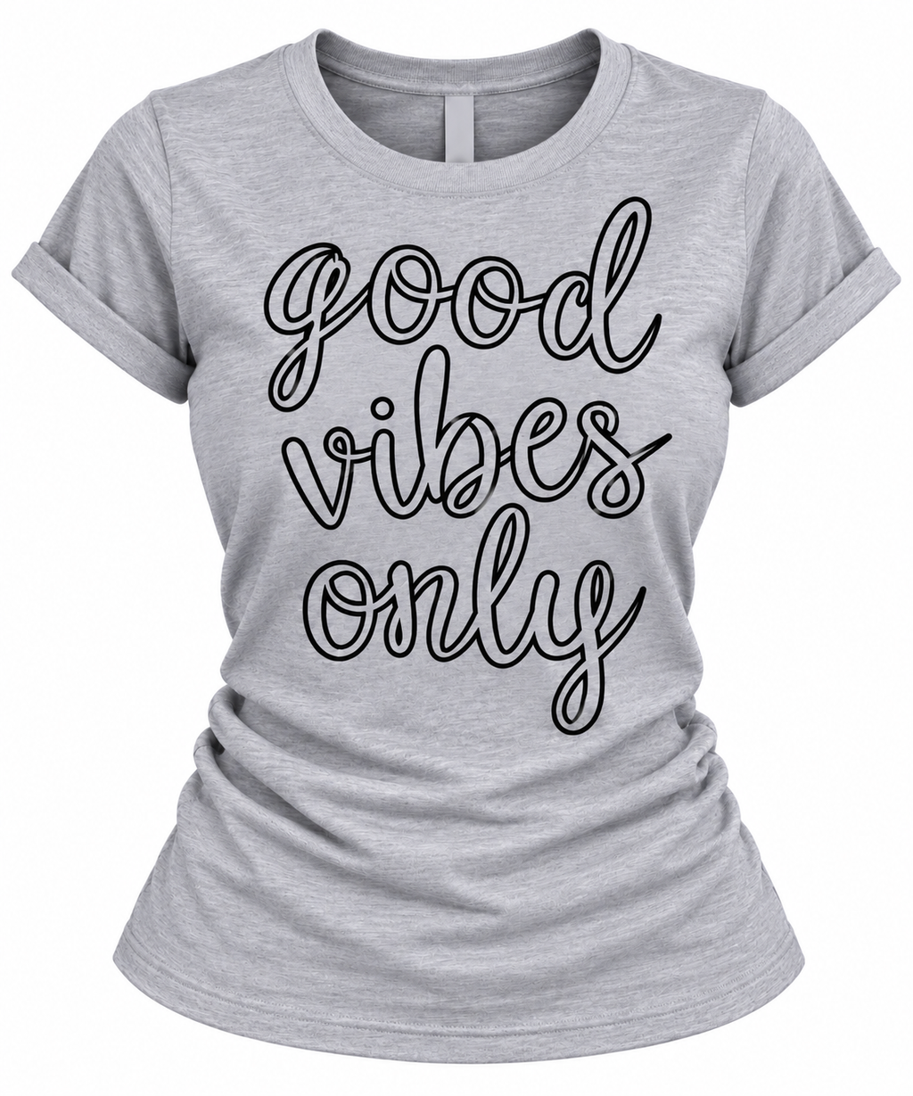 T-Shirt for Women – Positive Vibes Inspirational Quote Tee in Heather Gray