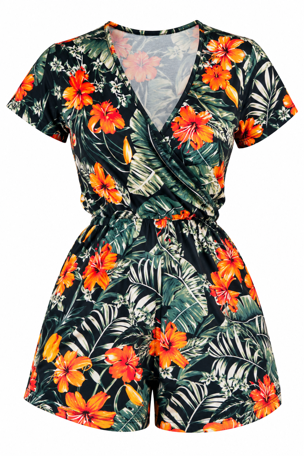 Tropical Hibiscus Floral Romper – Women's V-Neck Short Sleeve Summer Playsuit