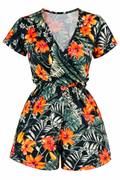 Tropical Hibiscus Floral Romper – Women's V-Neck Short Sleeve Summer Playsuit