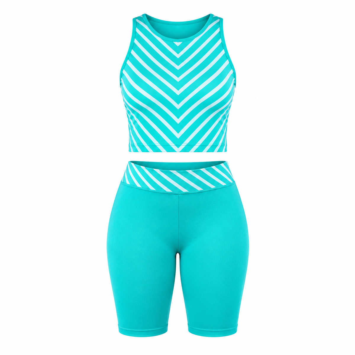 White & Green Chevron Biker Shorts Set for Women