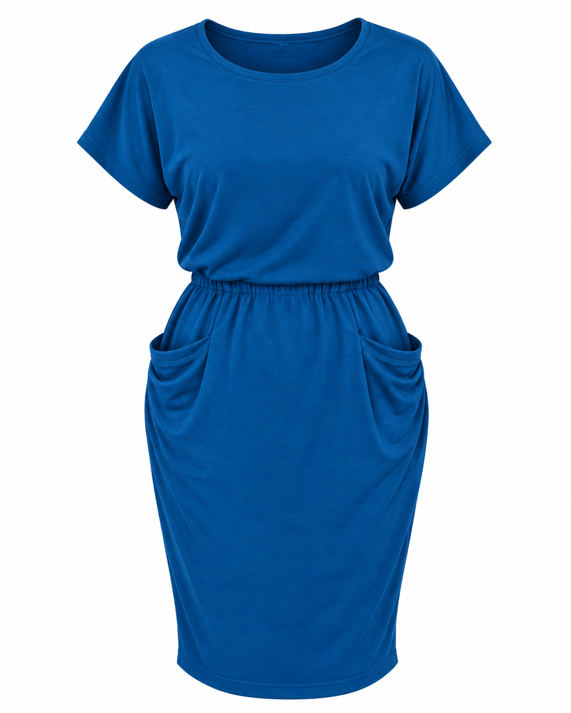Women's Blue Blouson Waist Midi Dress with Pockets