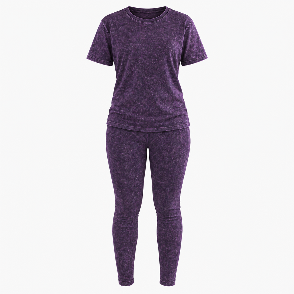 Women's Brown Acid Wash Two-Piece Leggings Set (Purple)