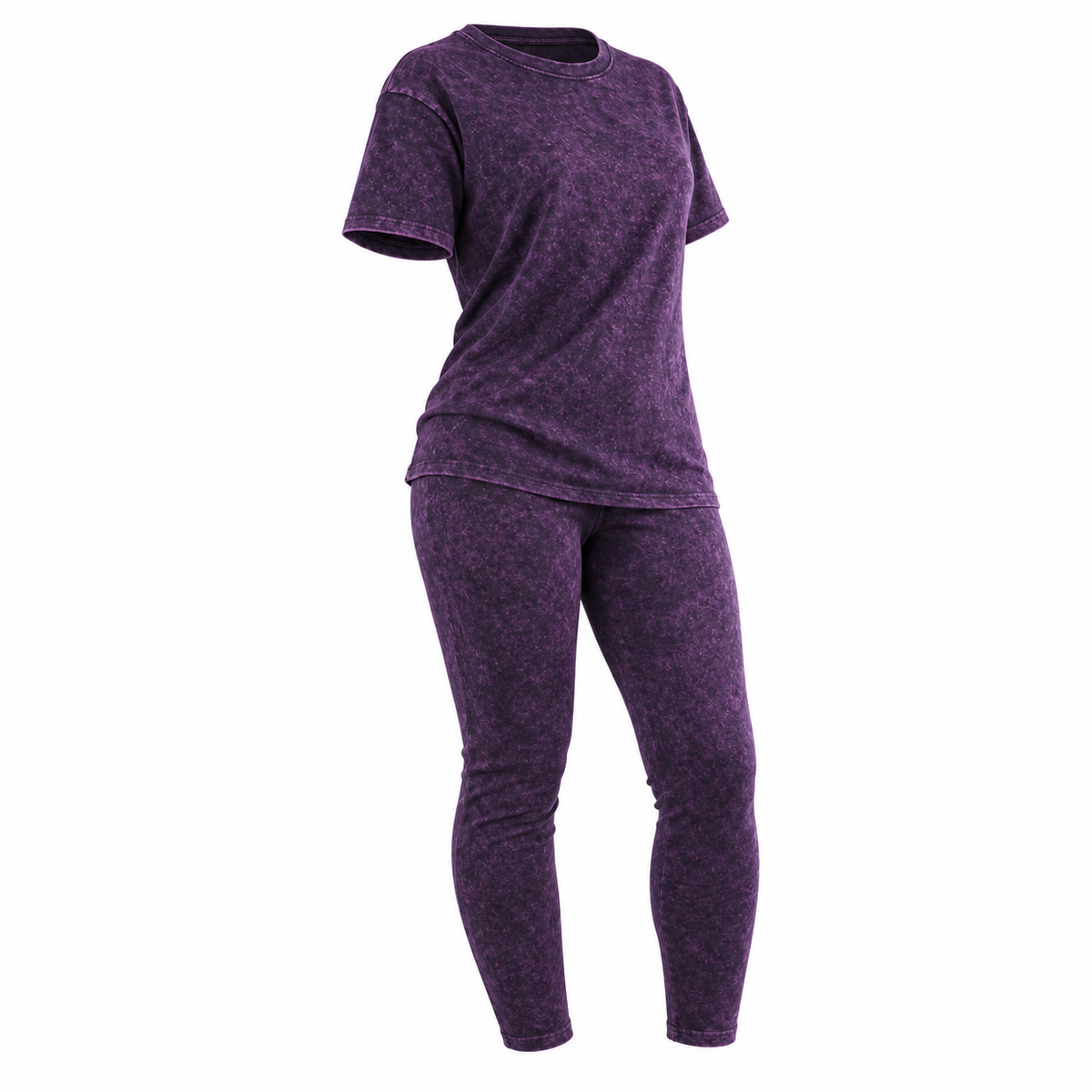 Women's Brown Acid Wash Two-Piece Leggings Set (Purple)
