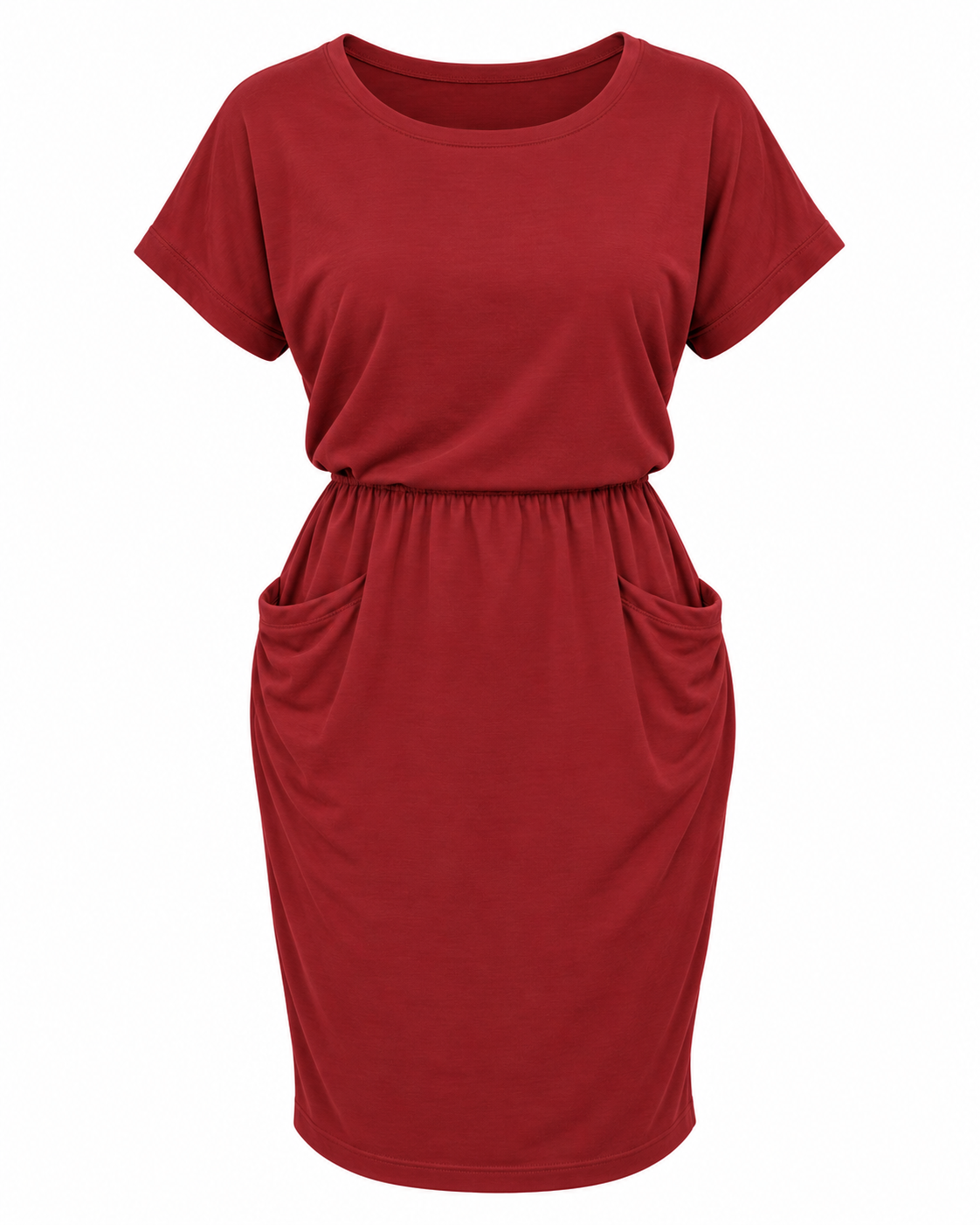 Women's Burgundy Blouson Waist Midi Dress with Pockets