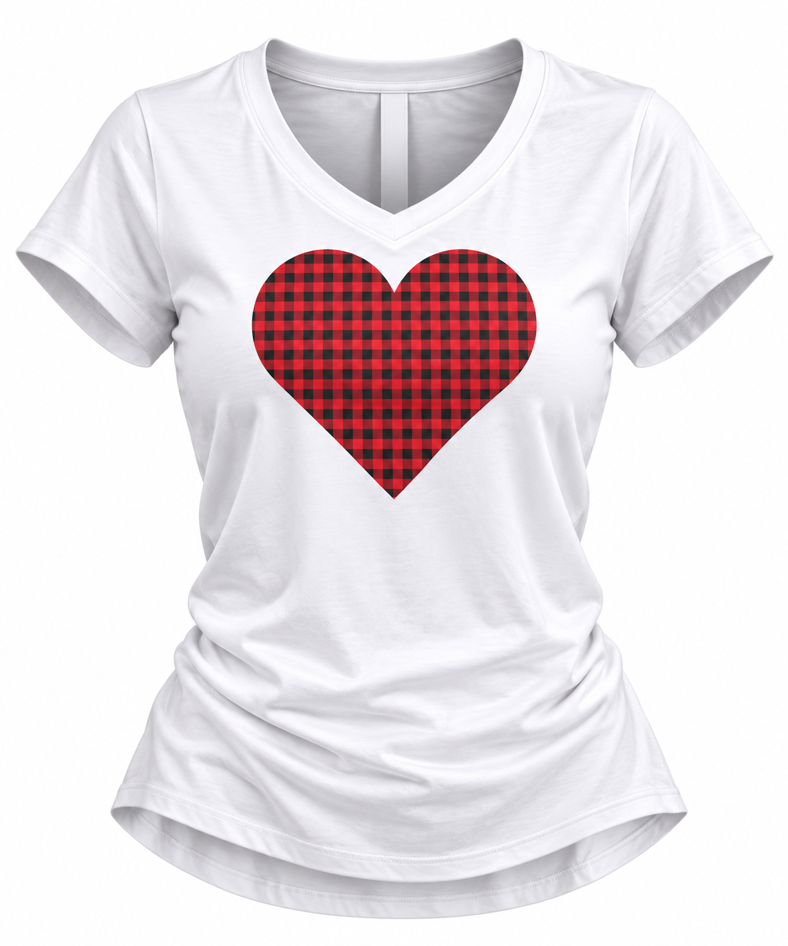 Women's Red Buffalo Plaid Heart V-Neck T-Shirt 