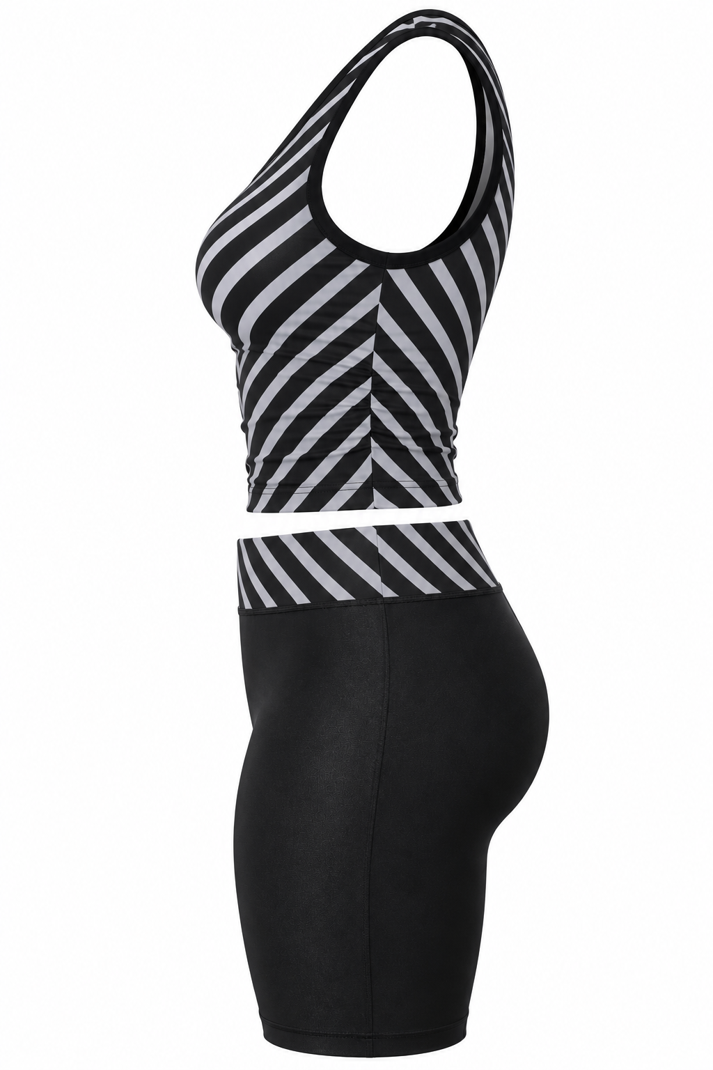 Women's black and gray chevron striped sleeveless crop top with matching black biker shorts two-piece outfit.1