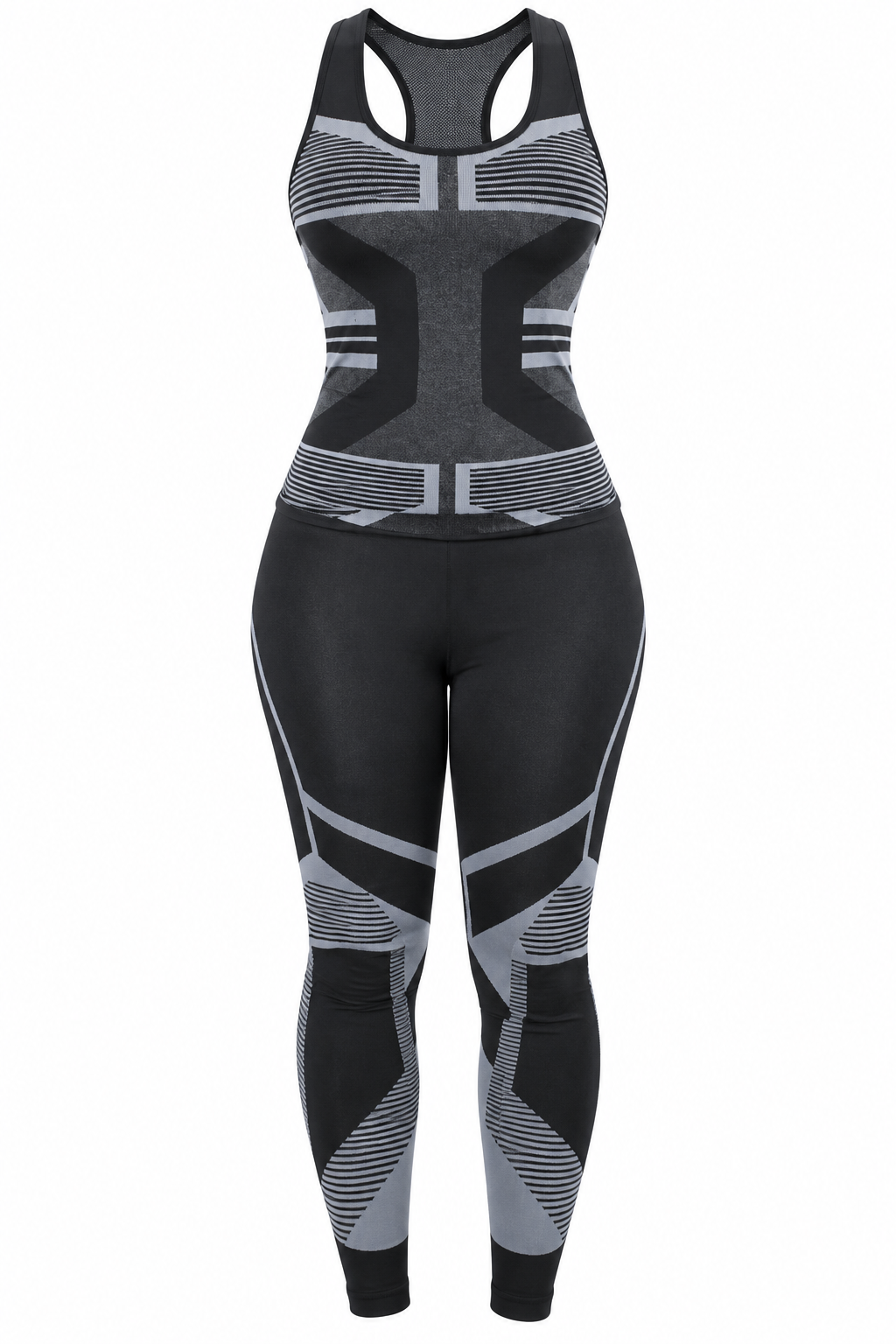 Women's black and gray two-piece activewear set featuring a racerback tank top and high-waisted geometric-pattern leggings.
 Copy