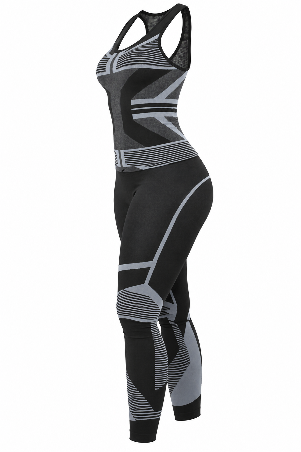 Women's black and gray two-piece activewear set featuring a racerback tank top and high-waisted geometric-pattern leggings.
 Copy1